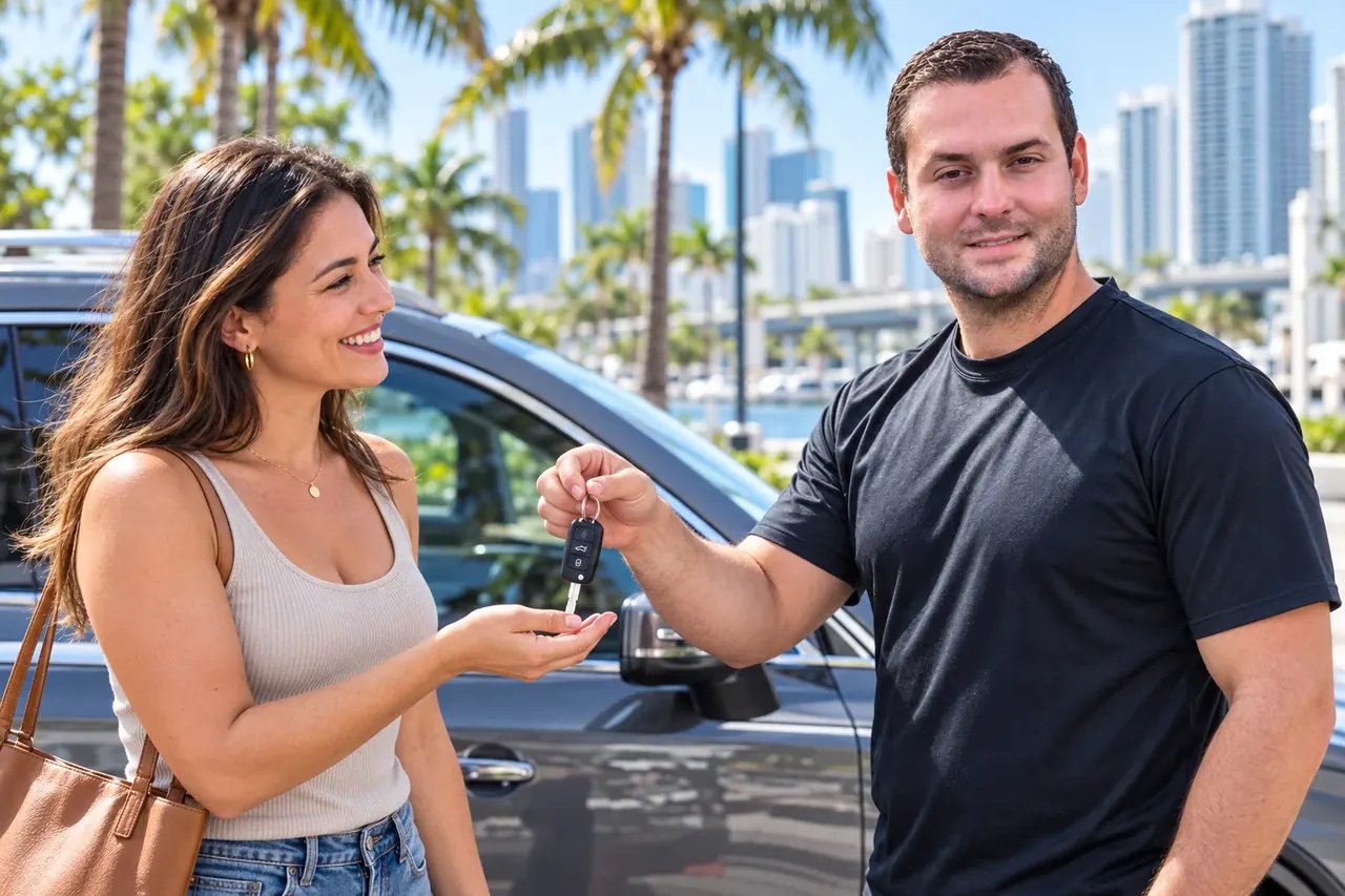 Illustrative scene: Adriano hands a car key to a satisfied customer in Miami